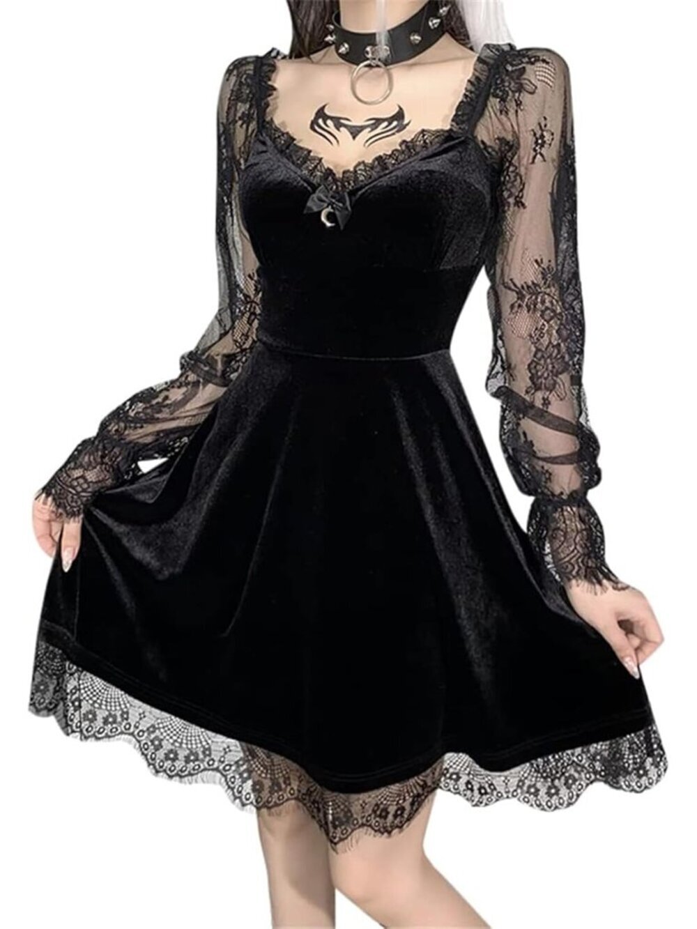 Women's Black Long Sleeve Halloween Goth Lolita Gothic Vintage Lace Dress